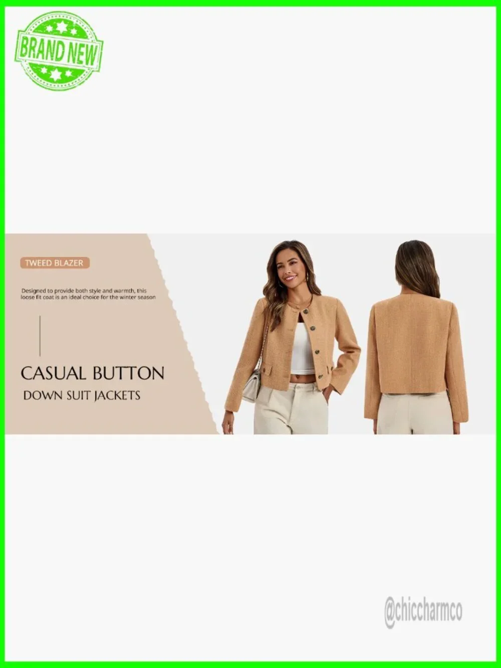 Womens Collarless Cropped Tweed Blazer Jacket Casual Business Fall Bomber